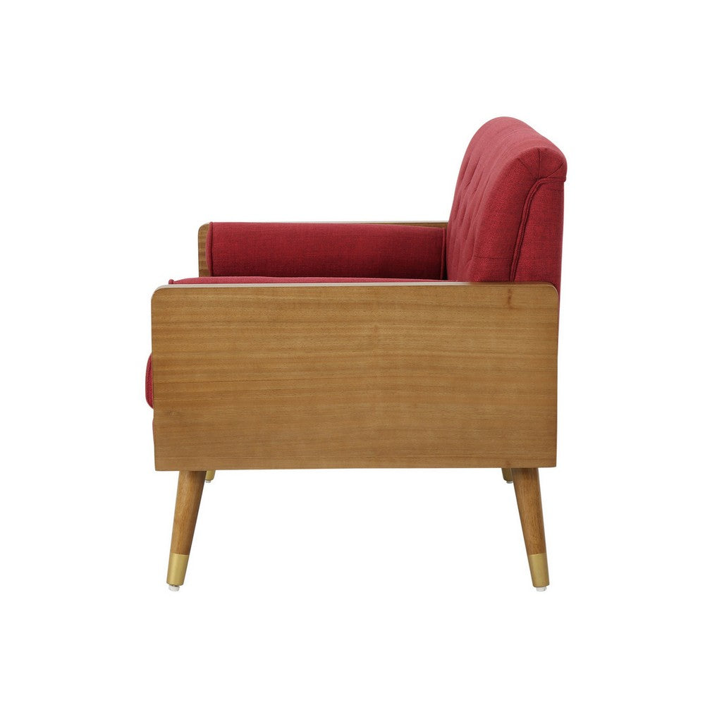 Benjara Lita Wide Accent Club Chair, Button Tufted, Red Fabric, Brown Frame