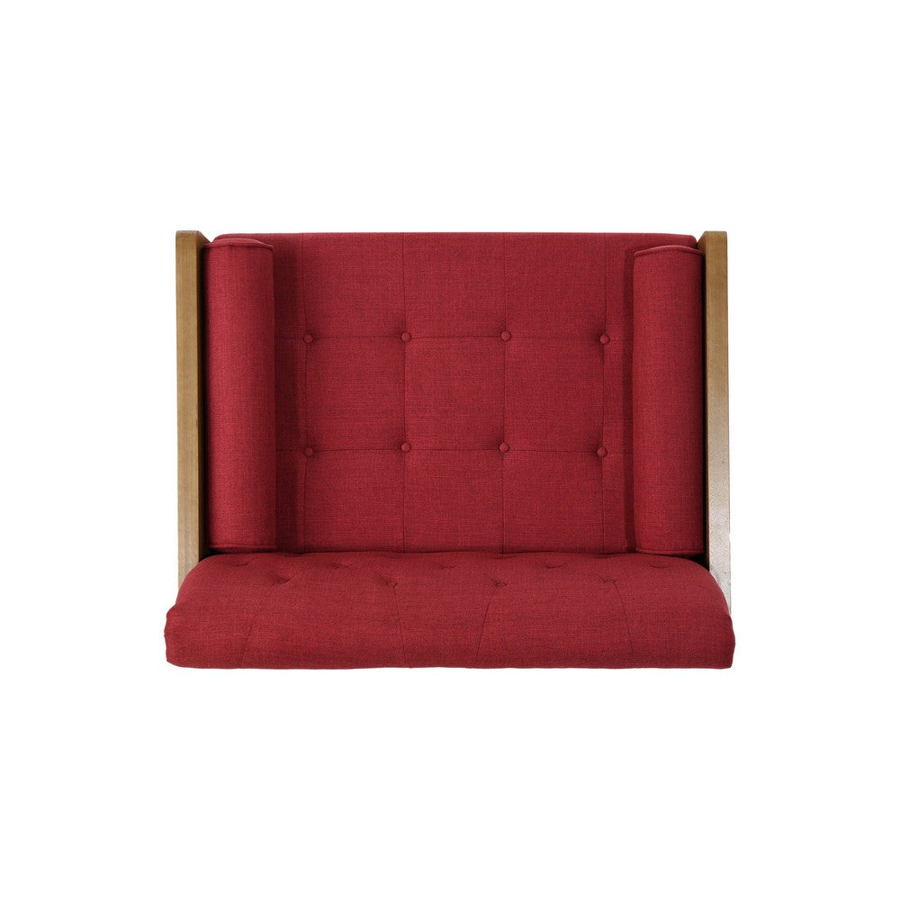 Benjara Lita Wide Accent Club Chair, Button Tufted, Red Fabric, Brown Frame
