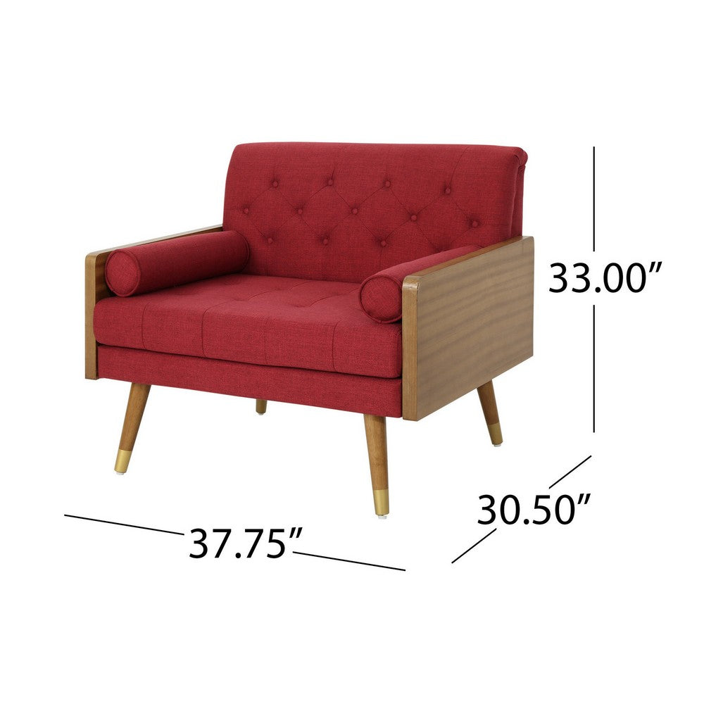Benjara Lita Wide Accent Club Chair, Button Tufted, Red Fabric, Brown Frame