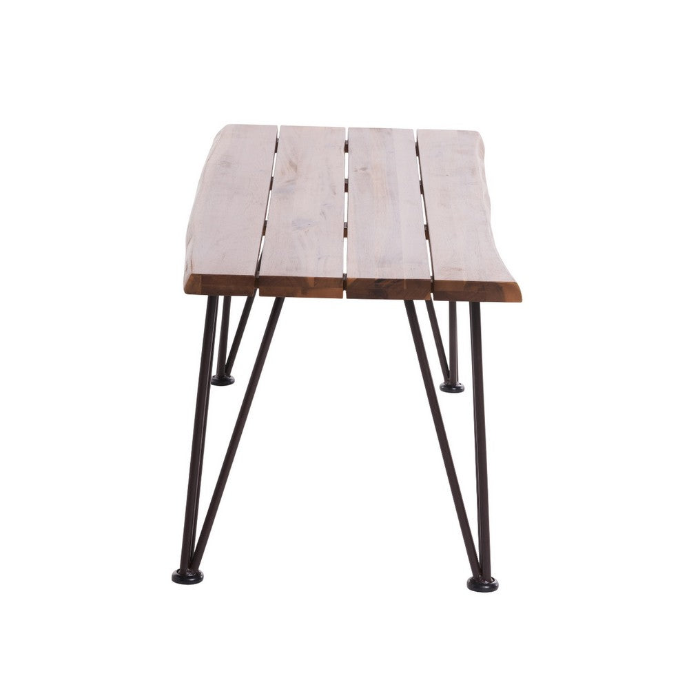 Benjara Zoe Outdoor Coffee Table, Hairpin Legs, 43in Brown Slatted Acacia Wood