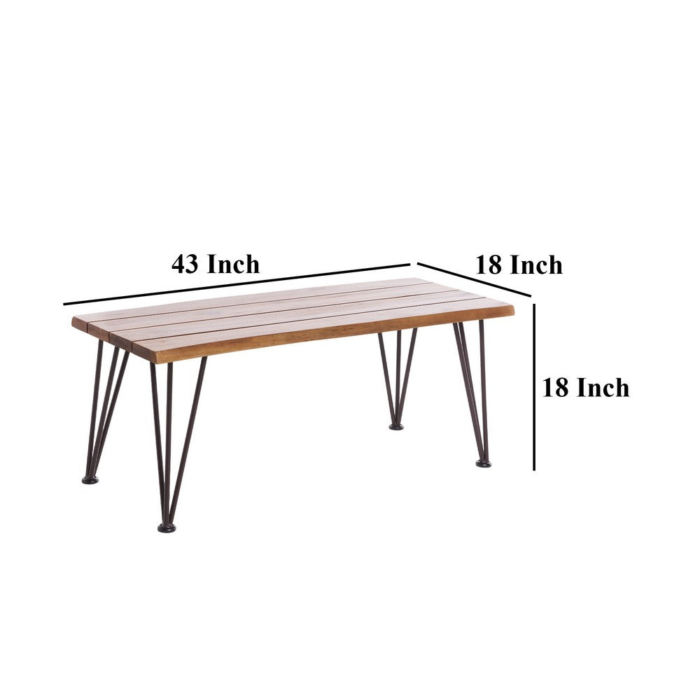 Benjara Zoe Outdoor Coffee Table, Hairpin Legs, 43in Brown Slatted Acacia Wood