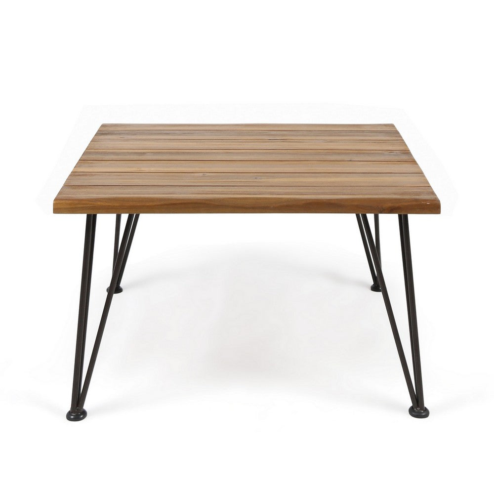 Benjara Zoe Outdoor Coffee Table, Hairpin Legs, 33in Brown Slatted Acacia Wood