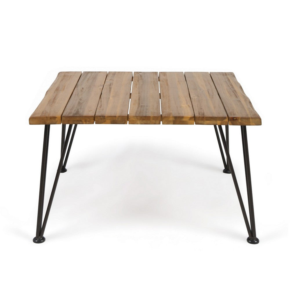 Benjara Zoe Outdoor Coffee Table, Hairpin Legs, 33in Brown Slatted Acacia Wood