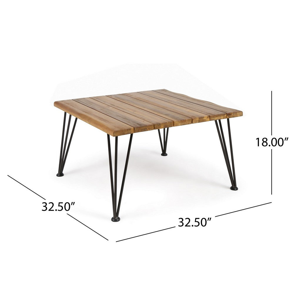 Benjara Zoe Outdoor Coffee Table, Hairpin Legs, 33in Brown Slatted Acacia Wood