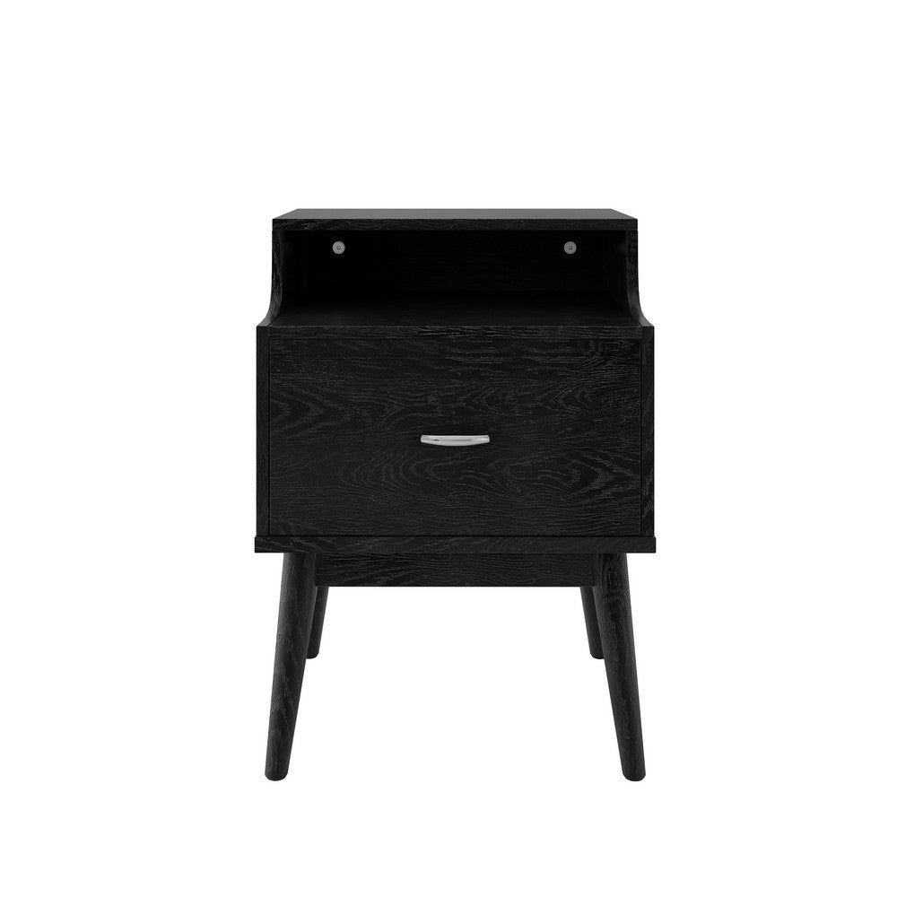 Benjara Inaya Nightstand, 1 Drawer And Shelf, Splayed Legs, 26 Inch Black MDF
