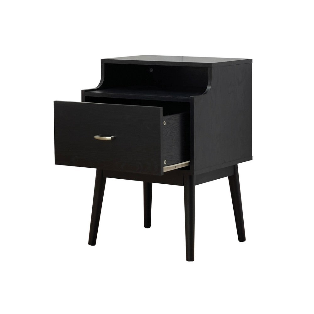 Benjara Inaya Nightstand, 1 Drawer And Shelf, Splayed Legs, 26 Inch Black MDF
