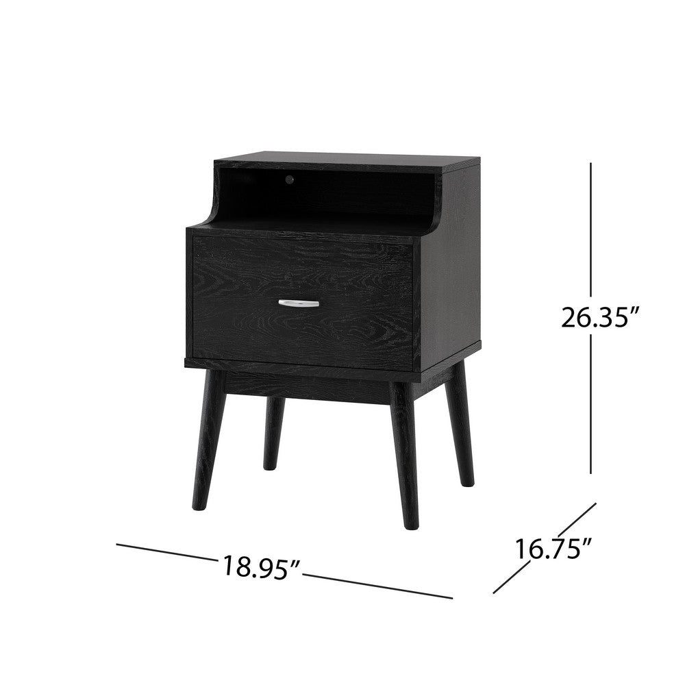 Benjara Inaya Nightstand, 1 Drawer And Shelf, Splayed Legs, 26 Inch Black MDF