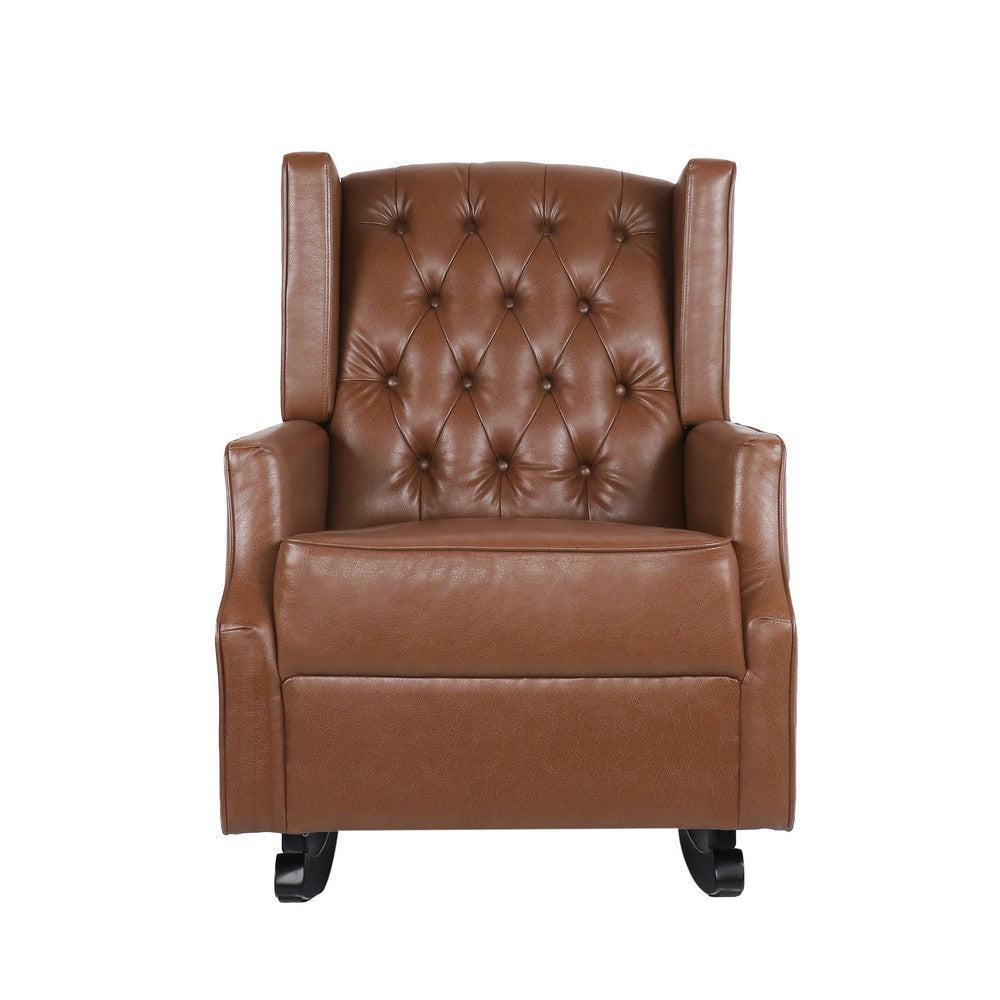 Benjara Zyna Rocking Chair, Gentle Motion, Brown Waffle Stitch Faux Leather