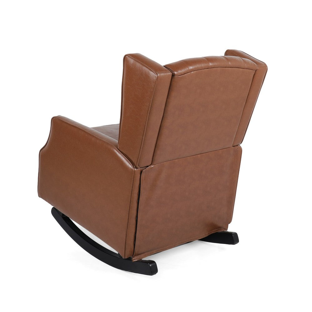 Benjara Zyna Rocking Chair, Gentle Motion, Brown Waffle Stitch Faux Leather