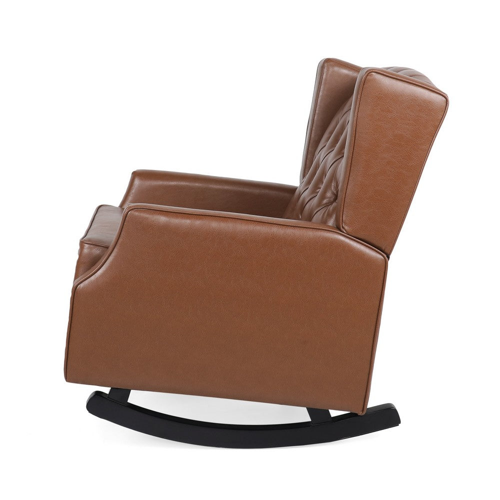 Benjara Zyna Rocking Chair, Gentle Motion, Brown Waffle Stitch Faux Leather