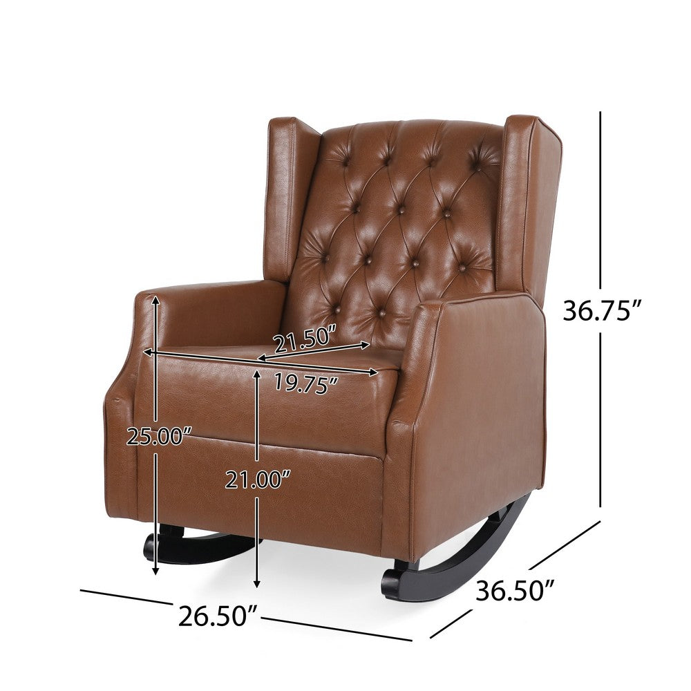 Benjara Zyna Rocking Chair, Gentle Motion, Brown Waffle Stitch Faux Leather
