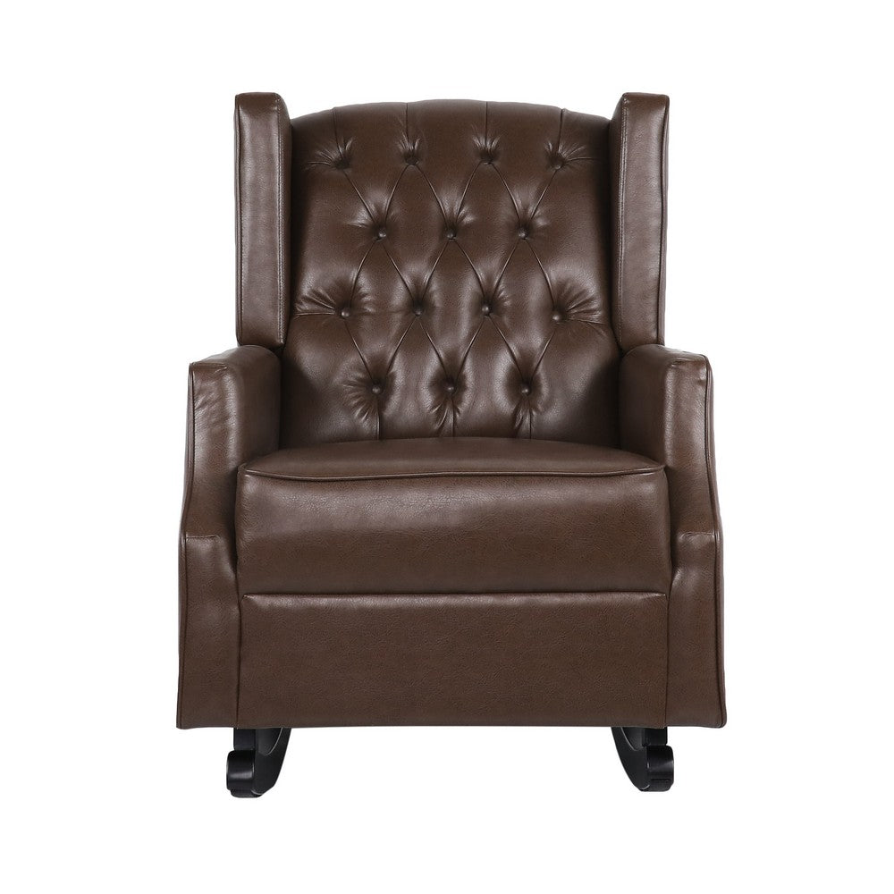 Benjara Zyna Rocking Chair, Gentle, Dark Brown Waffle Stitch Faux Leather