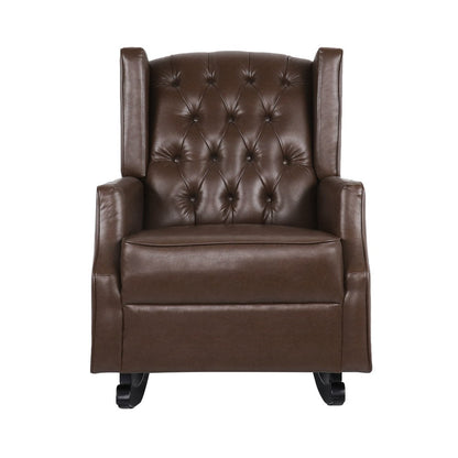 Benjara Zyna Rocking Chair, Gentle, Dark Brown Waffle Stitch Faux Leather