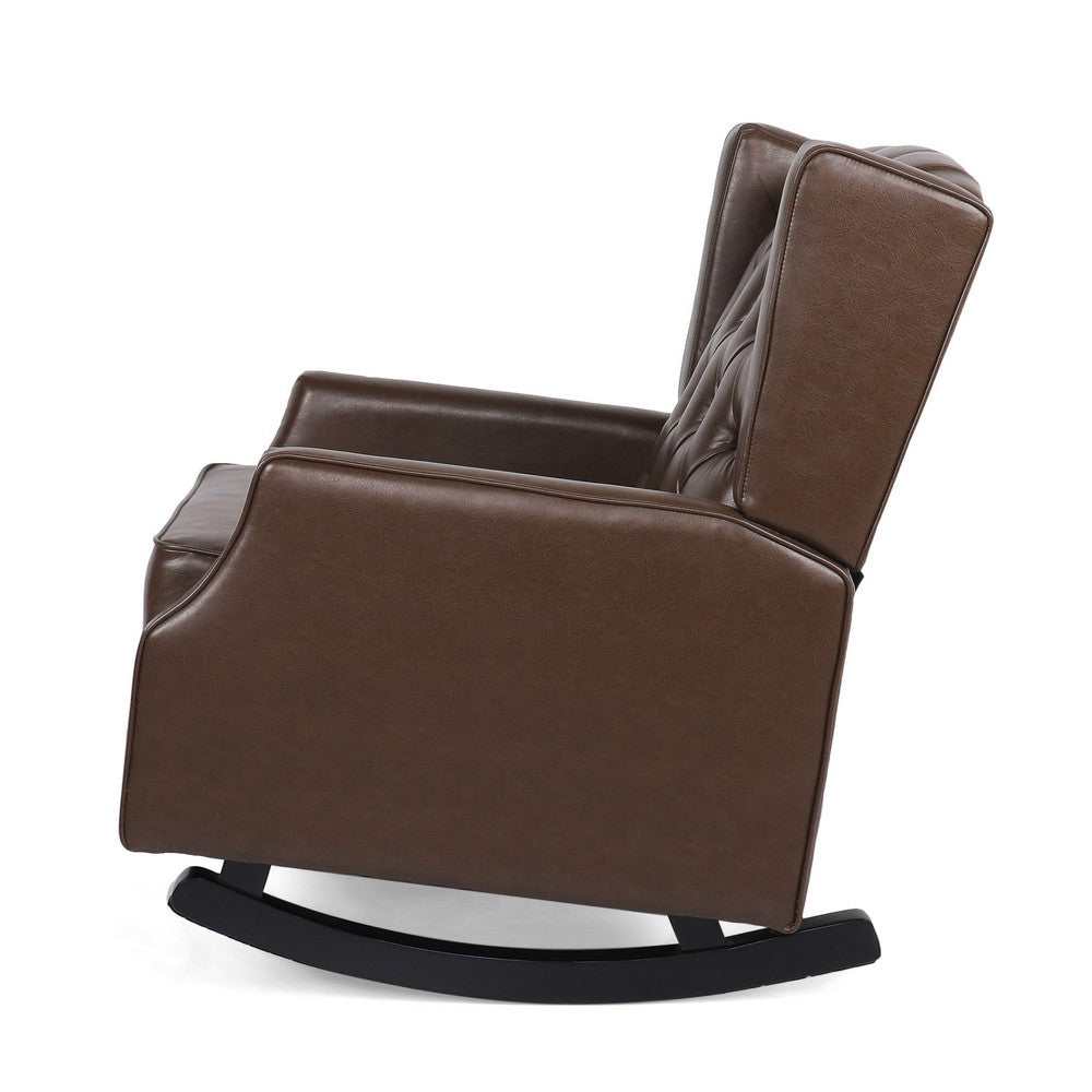 Benjara Zyna Rocking Chair, Gentle, Dark Brown Waffle Stitch Faux Leather