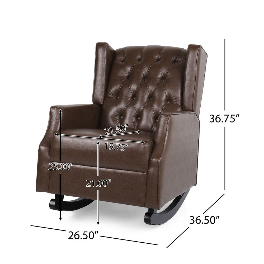 Benjara Zyna Rocking Chair, Gentle, Dark Brown Waffle Stitch Faux Leather