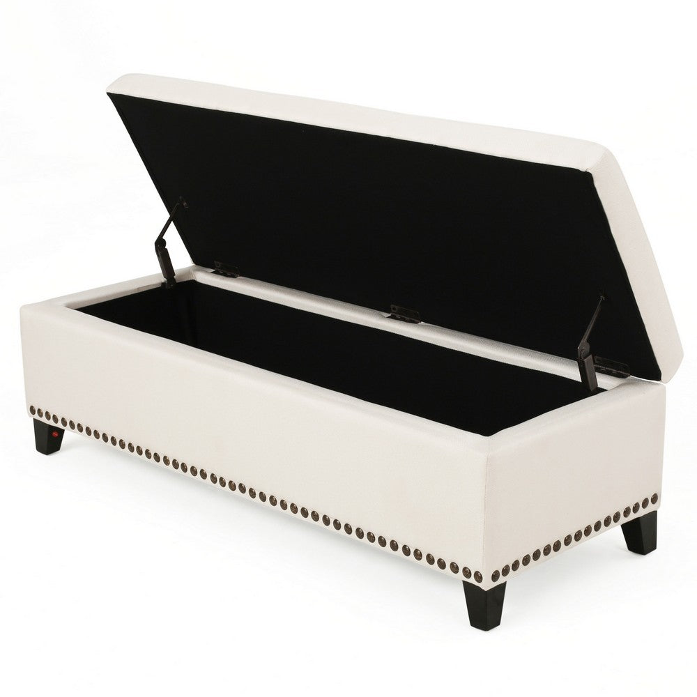 Benjara Ottoman Bench, Chain Link Pattern, Nailhead Trim, 51 Inch Beige Fabric