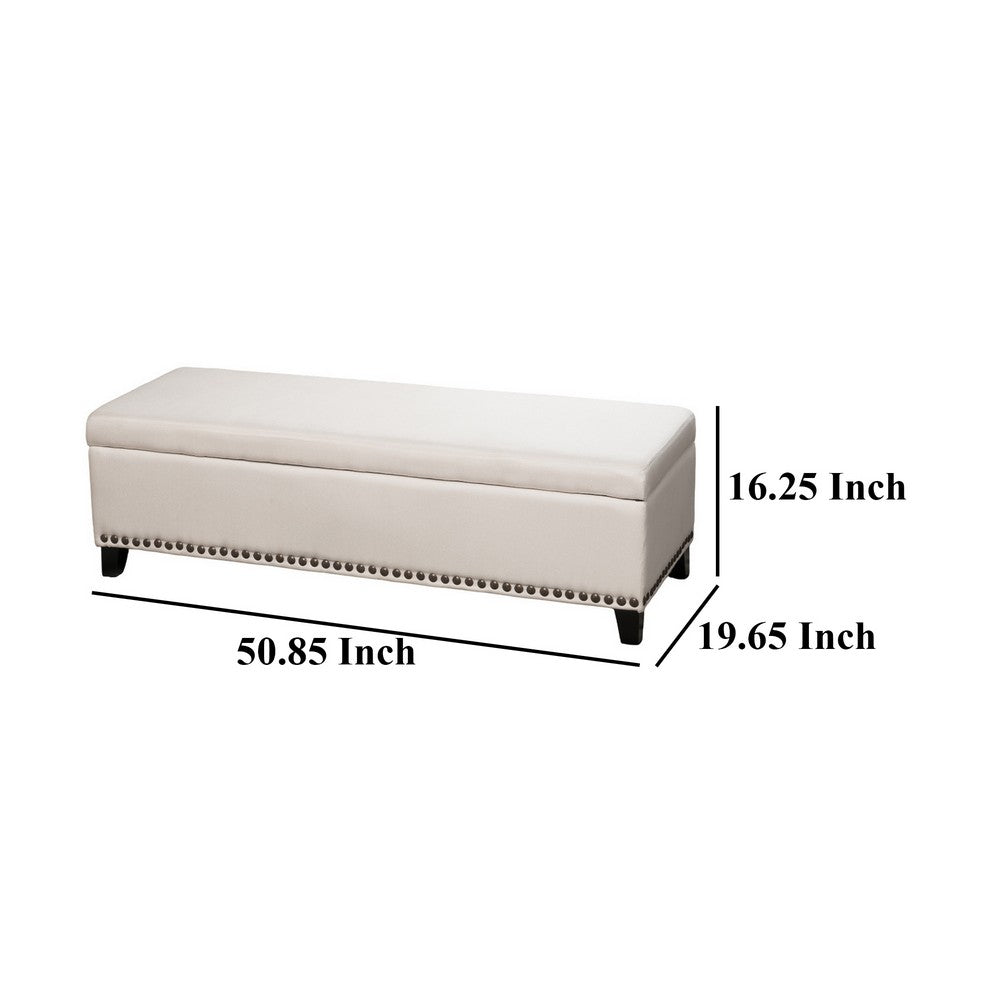 Benjara Ottoman Bench, Chain Link Pattern, Nailhead Trim, 51 Inch Beige Fabric