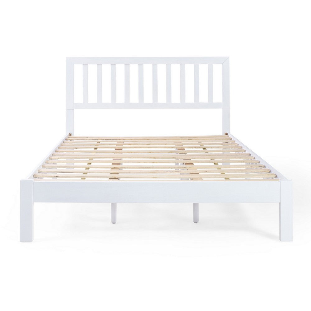 Benjara Danie Low Profile Queen Bed, Open Slat Headboard, White Acacia Wood