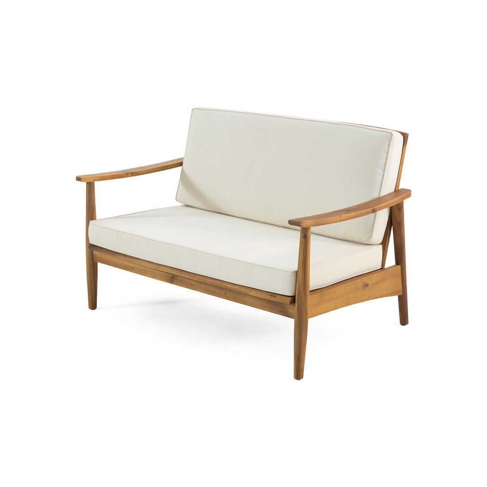 Benjara Roxy 2pc Outdoor Loveseat And Coffee Table Set, Acacia Wood, Cream