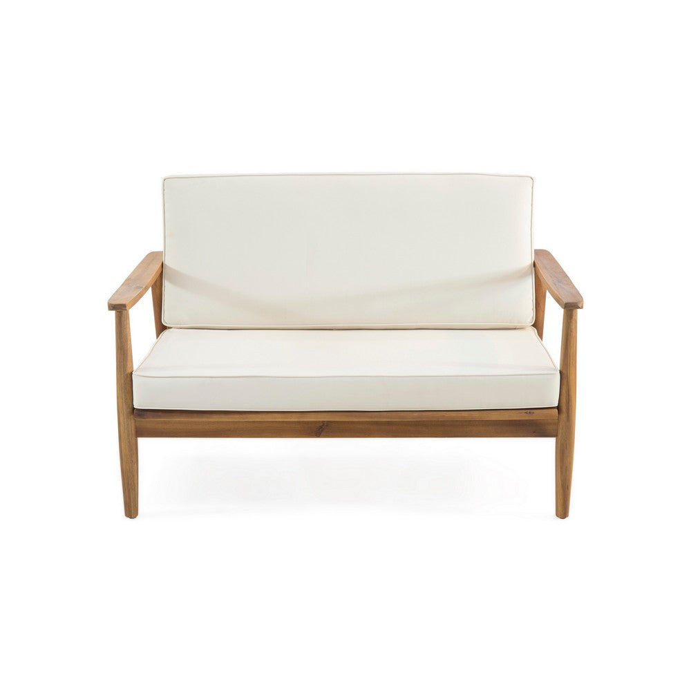 Benjara Roxy 2pc Outdoor Loveseat And Coffee Table Set, Acacia Wood, Cream