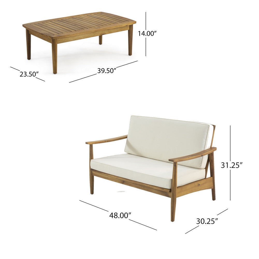 Benjara Roxy 2pc Outdoor Loveseat And Coffee Table Set, Acacia Wood, Cream