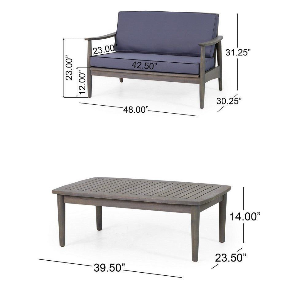 Benjara Roxy 2pc Outdoor Loveseat And Coffee Table Set, Acacia Wood, Dark Gray