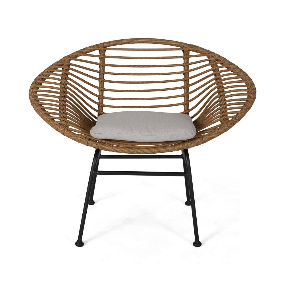 Benjara Outdoor Accent Chair Set of 2, Beige, Basket Brown Faux Rattan, Black
