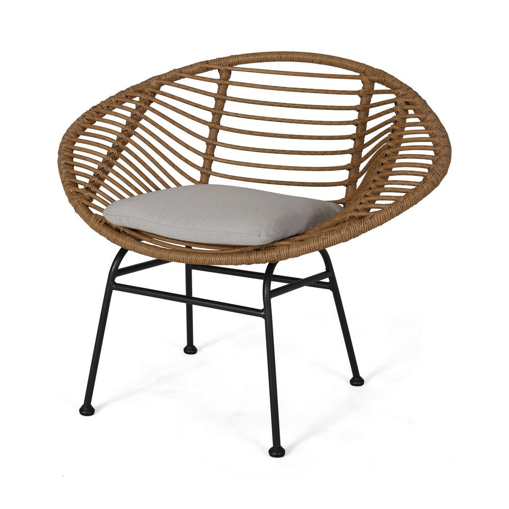 Benjara Outdoor Accent Chair Set of 2, Beige, Basket Brown Faux Rattan, Black