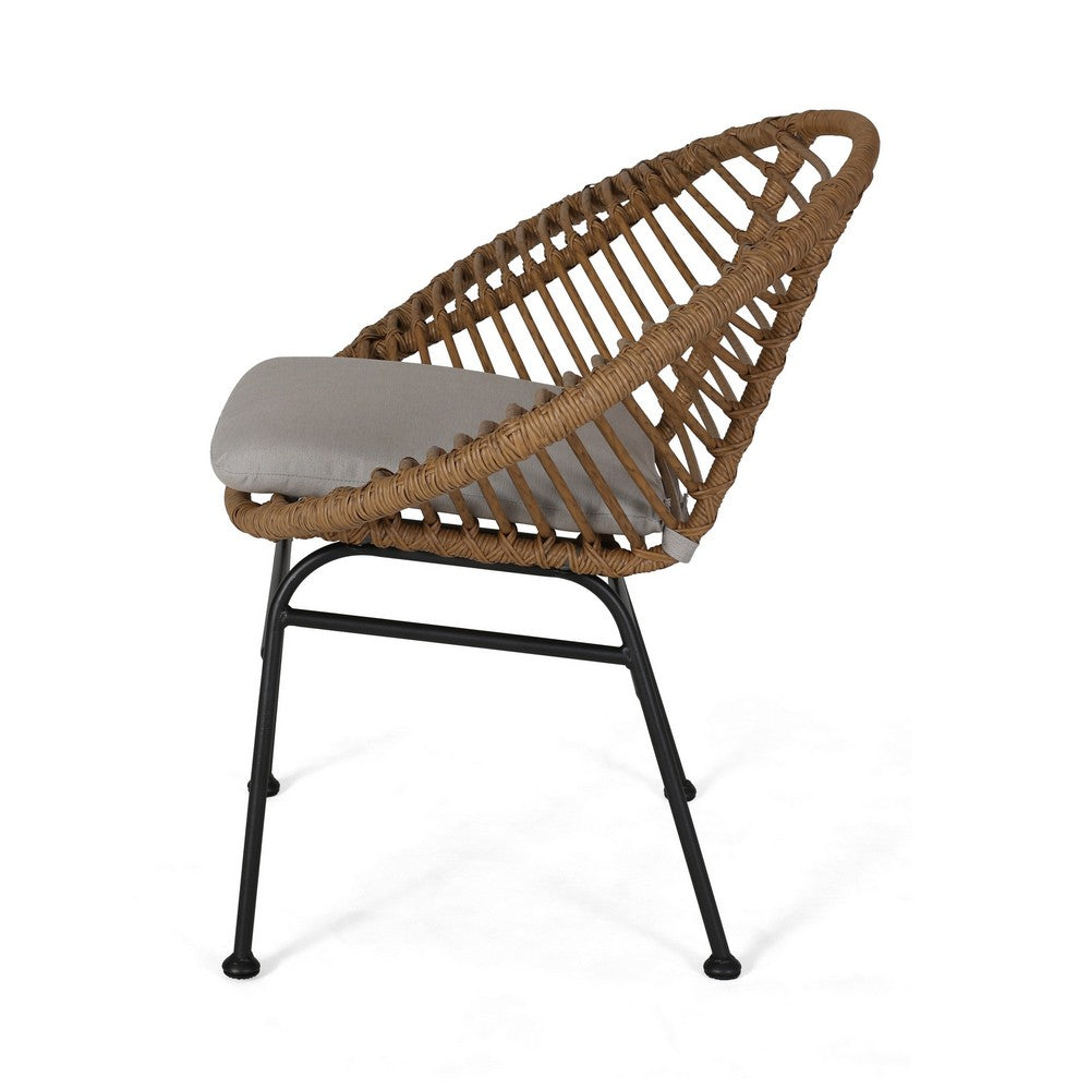 Benjara Outdoor Accent Chair Set of 2, Beige, Basket Brown Faux Rattan, Black