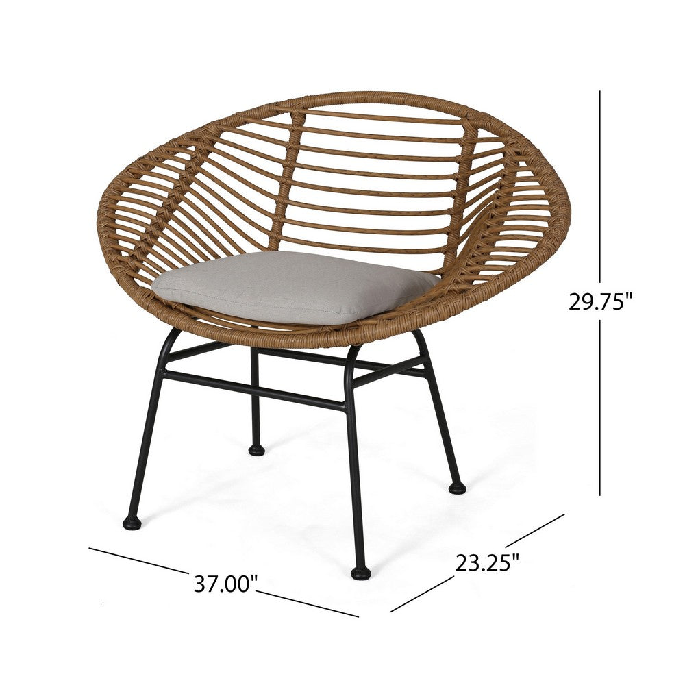 Benjara Outdoor Accent Chair Set of 2, Beige, Basket Brown Faux Rattan, Black