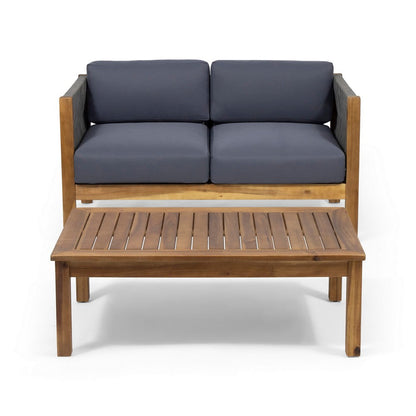 Benjara 2pc Outdoor Loveseat Coffee Table Set, Brown Acacia Wood, Dark Gray