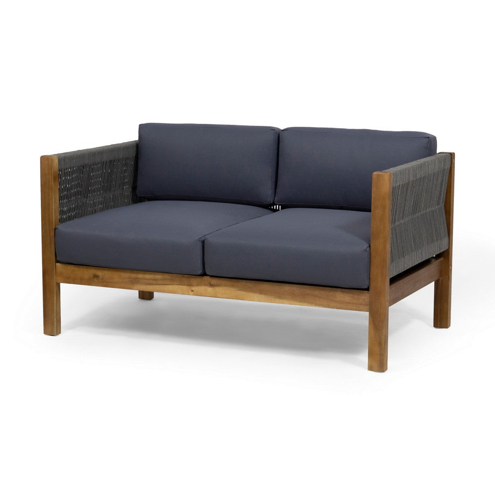 Benjara 2pc Outdoor Loveseat Coffee Table Set, Brown Acacia Wood, Dark Gray