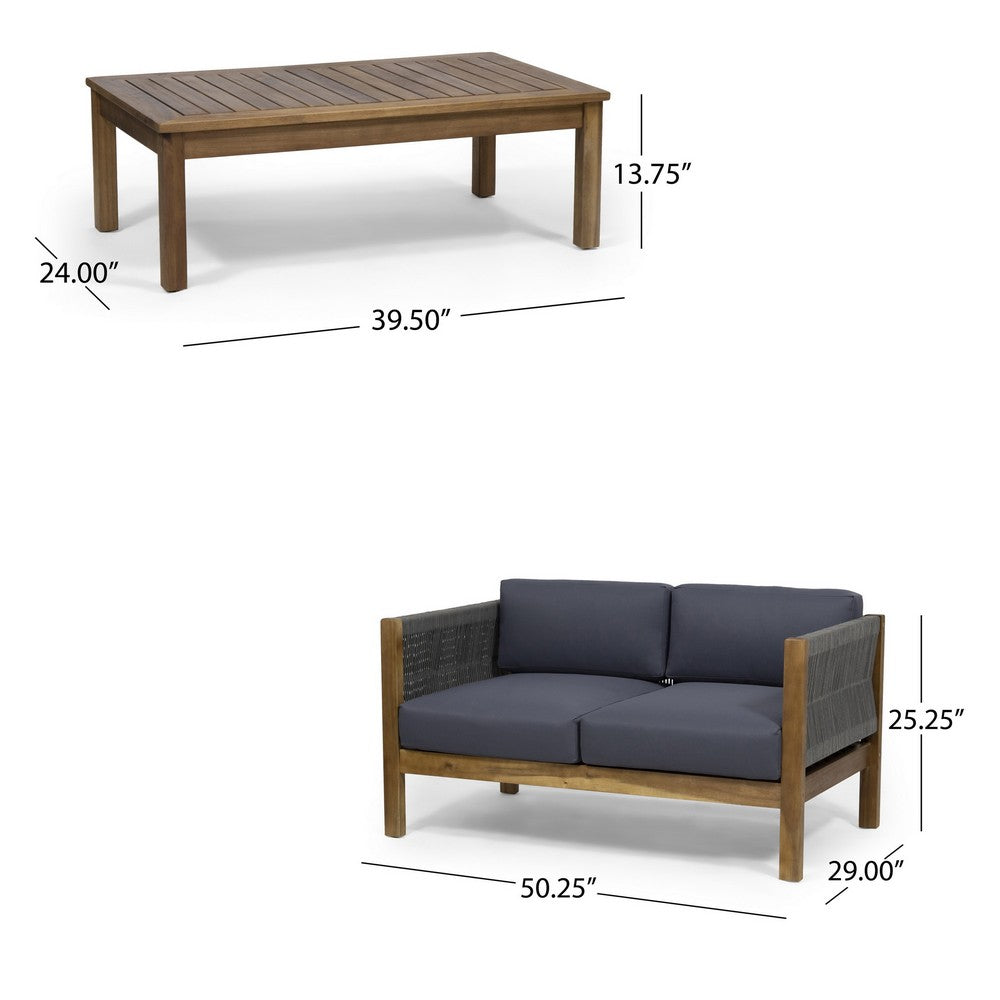 Benjara 2pc Outdoor Loveseat Coffee Table Set, Brown Acacia Wood, Dark Gray