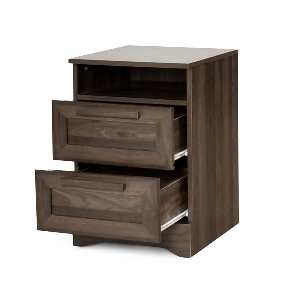 Benjara Vinie Nightstand, 2 Drawers And Open Top, 23 Inch Dark Brown Faux Wood