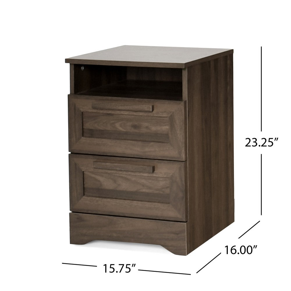Benjara Vinie Nightstand, 2 Drawers And Open Top, 23 Inch Dark Brown Faux Wood