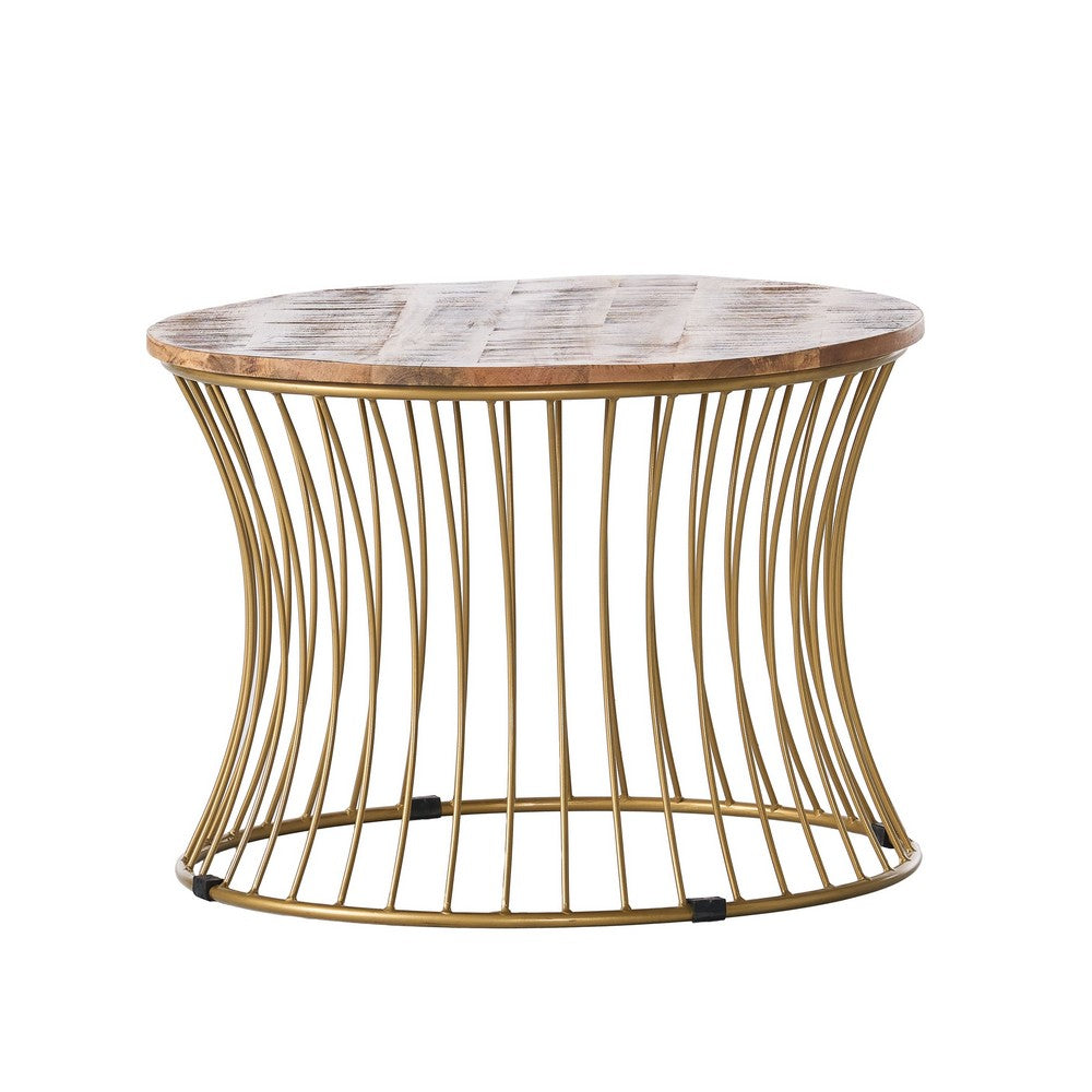 Benjara Coffee Table, Gold Hourglass Metal Base, 25 Inch Round Mango Wood Top