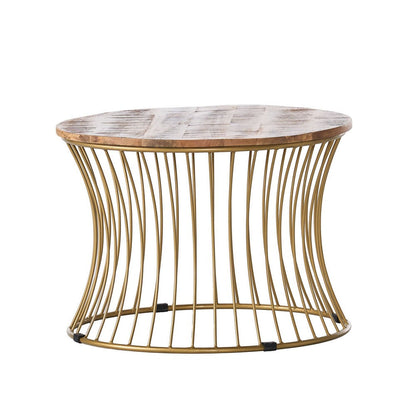 Benjara Coffee Table, Gold Hourglass Metal Base, 25 Inch Round Mango Wood Top