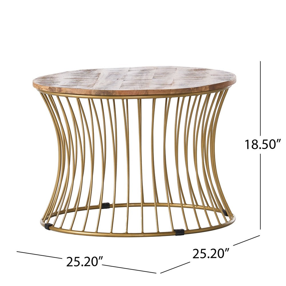 Benjara Coffee Table, Gold Hourglass Metal Base, 25 Inch Round Mango Wood Top