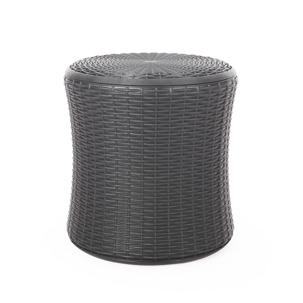 Benjara Lifo Outdoor End Table, Storage, 19 Inch, Gray Woven Polypropylene