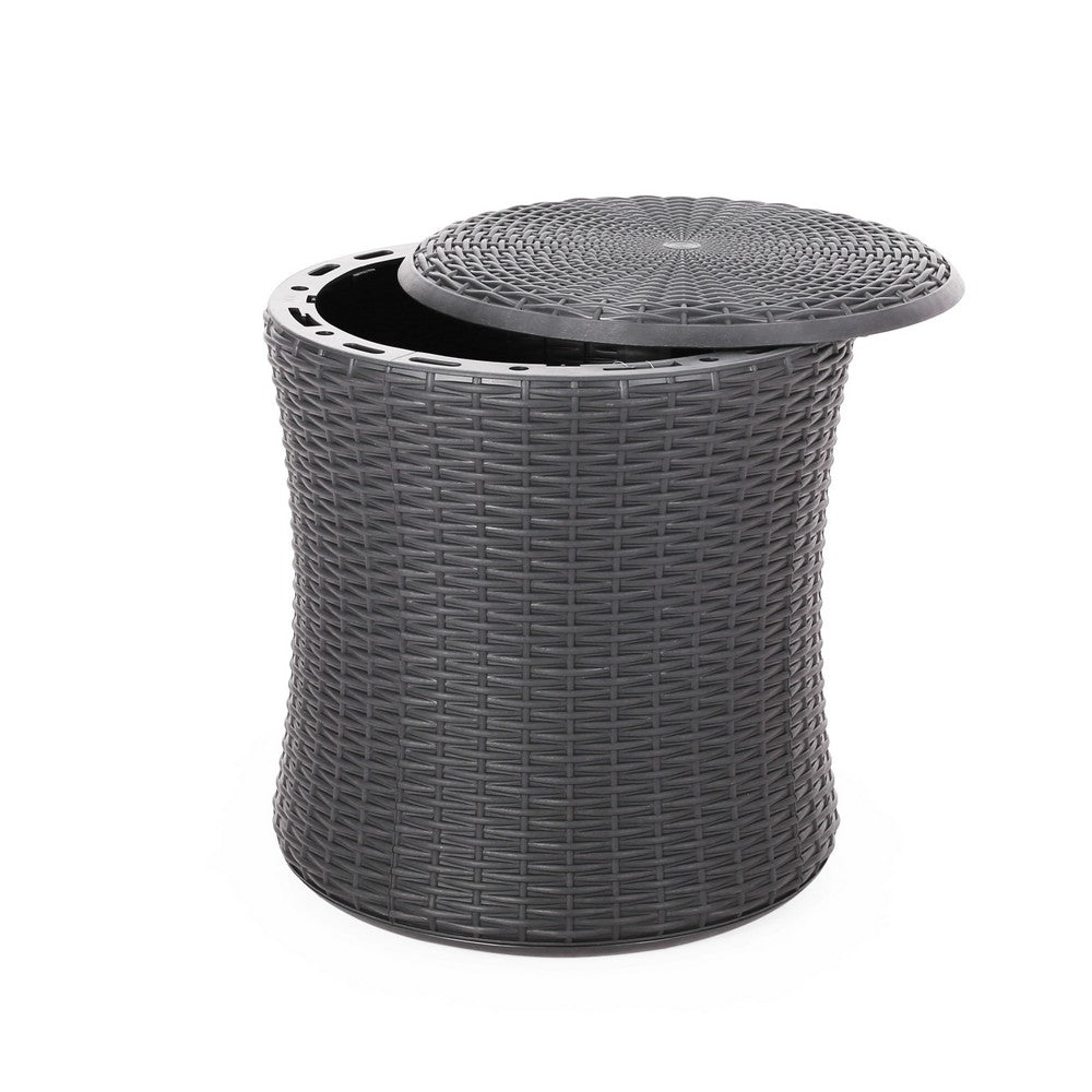 Benjara Lifo Outdoor End Table, Storage, 19 Inch, Gray Woven Polypropylene