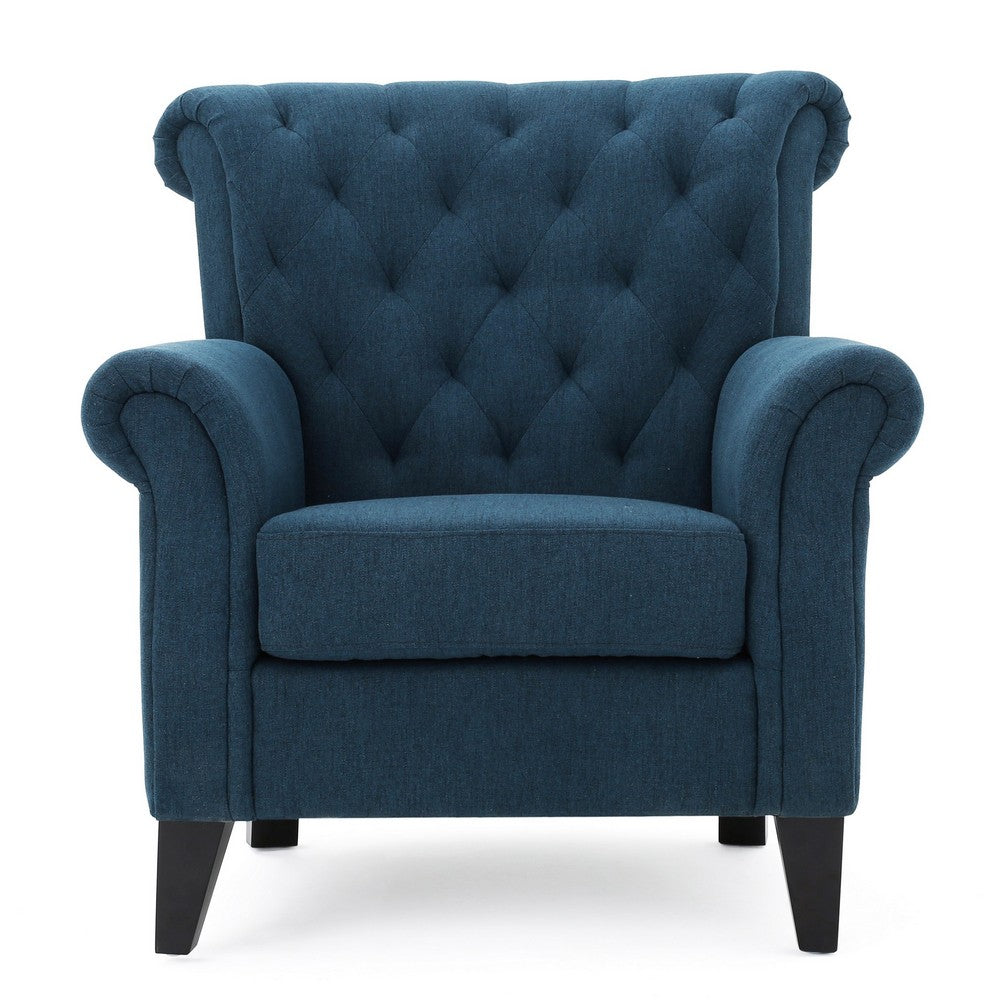 Benjara Koni Accent Chair, Button Diamond Tufted, Blue Fabric, Rolled Arms