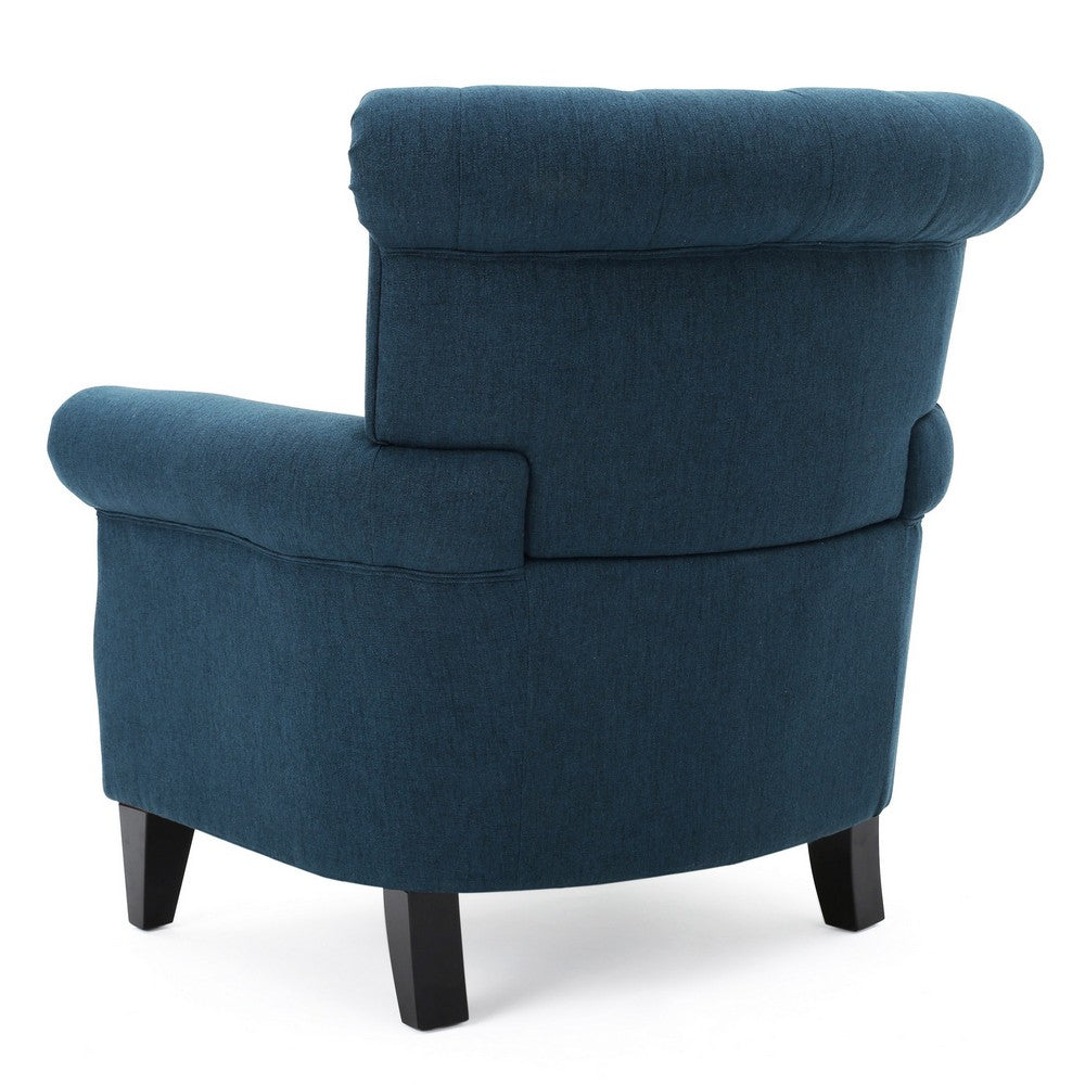 Benjara Koni Accent Chair, Button Diamond Tufted, Blue Fabric, Rolled Arms