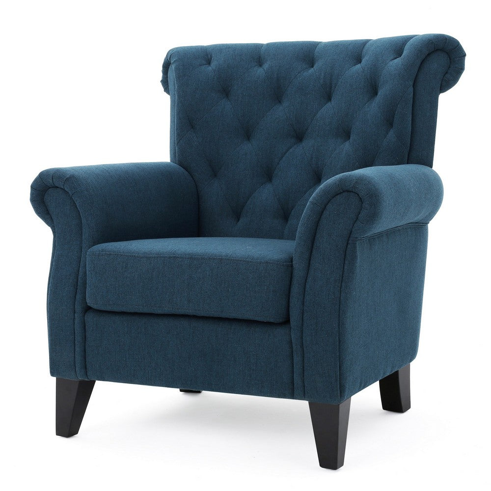 Benjara Koni Accent Chair, Button Diamond Tufted, Blue Fabric, Rolled Arms