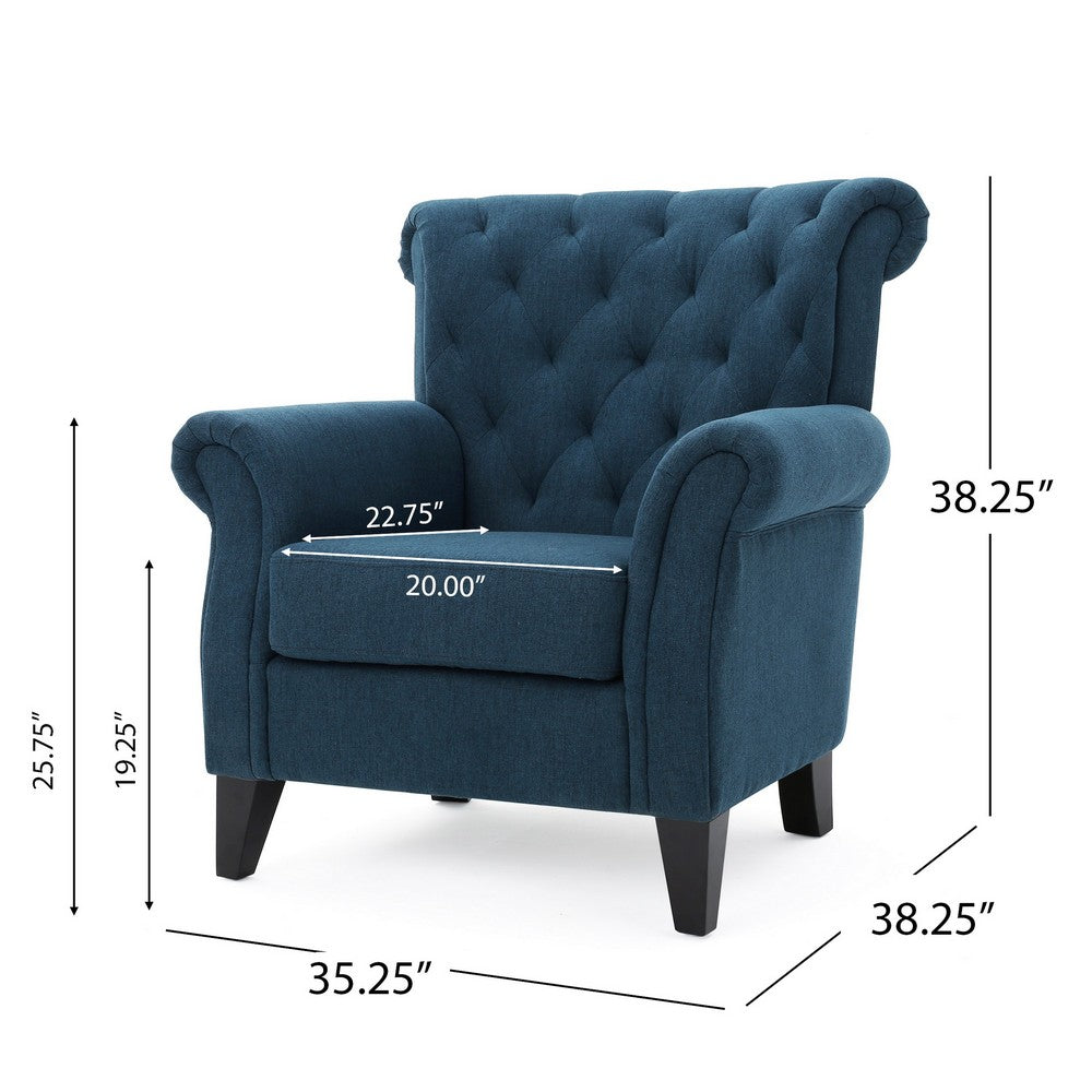 Benjara Koni Accent Chair, Button Diamond Tufted, Blue Fabric, Rolled Arms