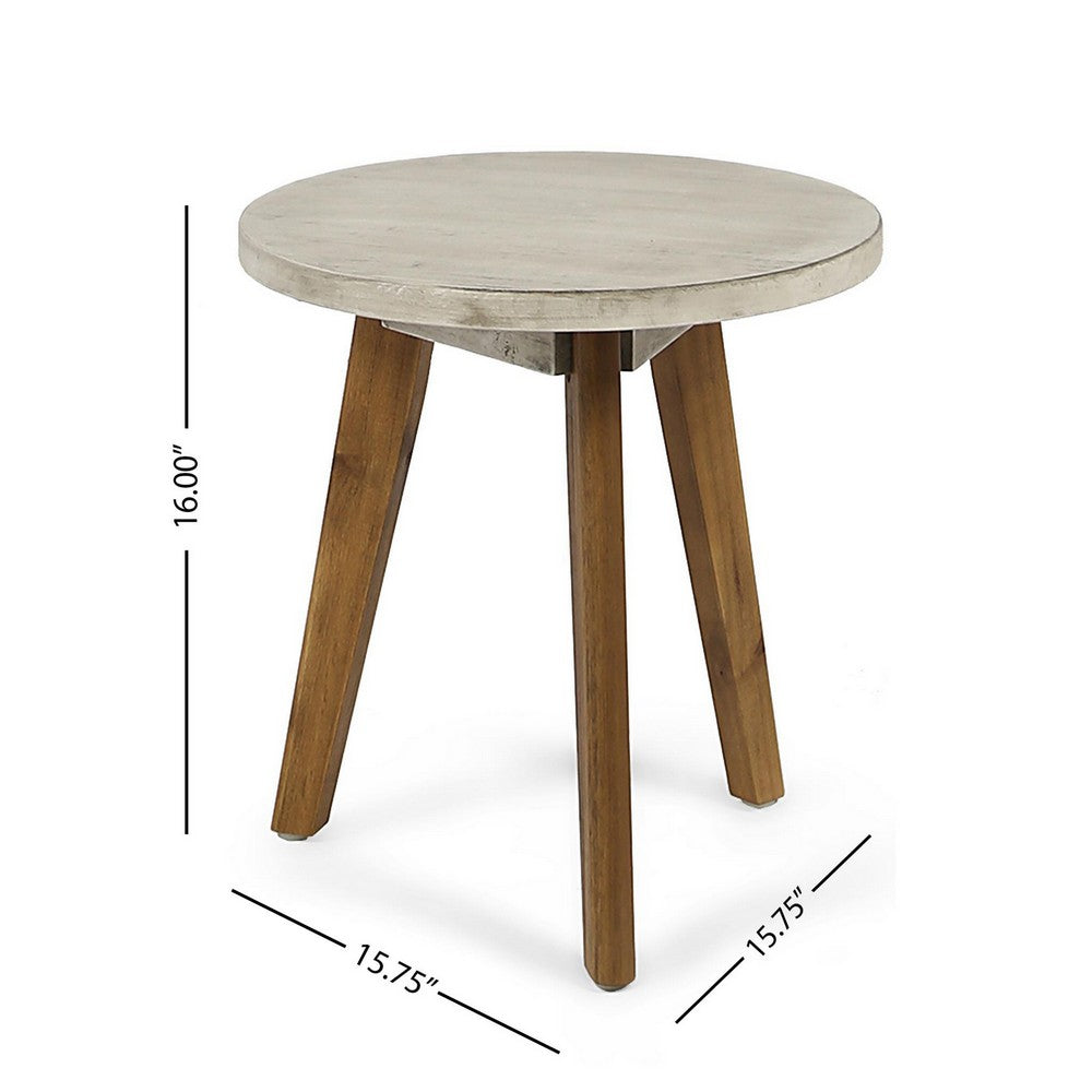 Benjara Ina Side End Table, Angled Legs, 16 Inch Round Gray Top, Acacia Wood