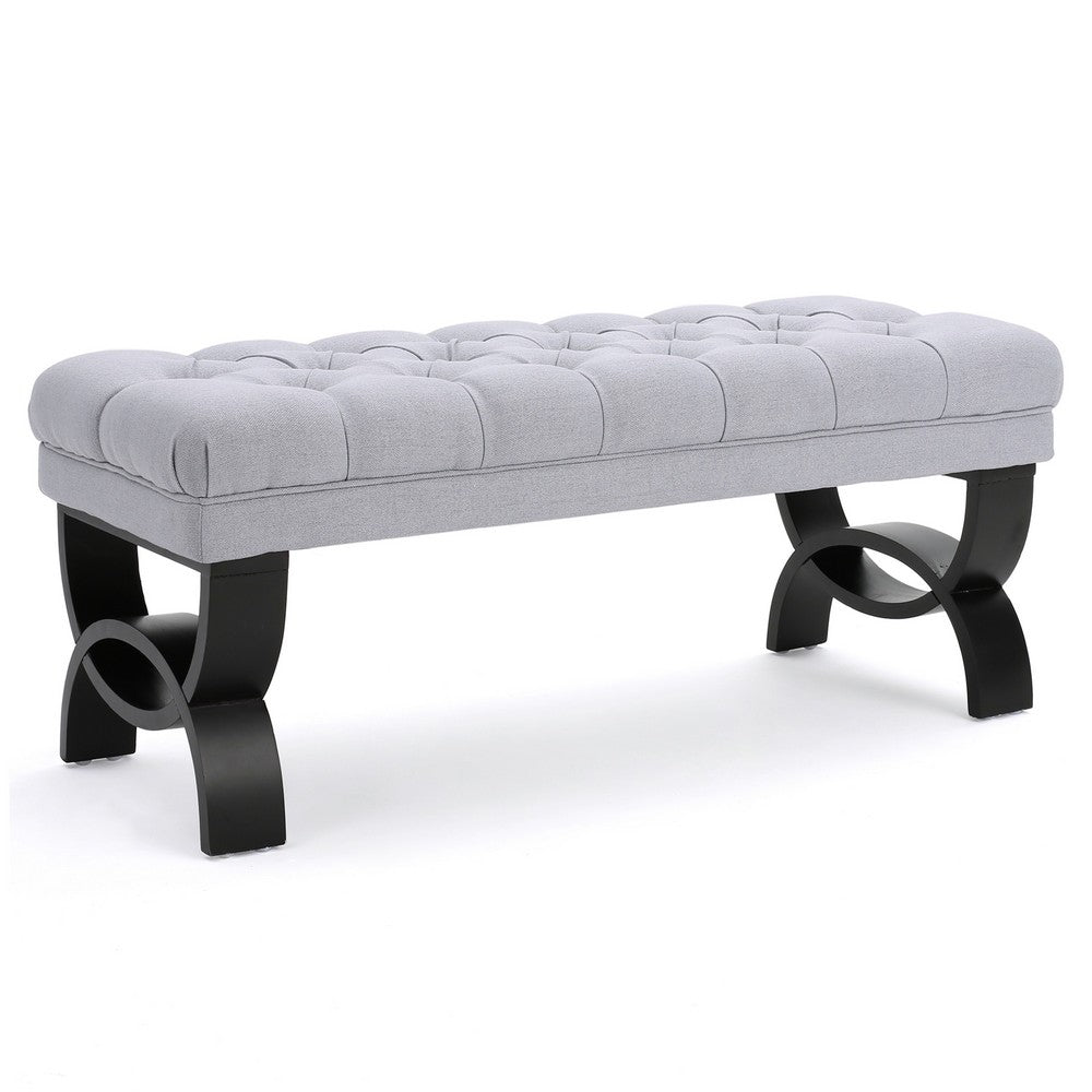 Benjara Riam Ottoman Bench, 41 Inch, Button Tufted, Rounded Birch Wood Legs