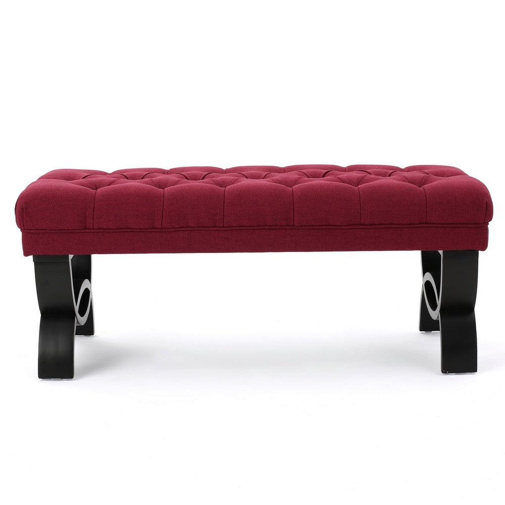 Benjara Riam Ottoman Bench, 41 Inch, Button Tufted, Rounded Wood Legs, Red