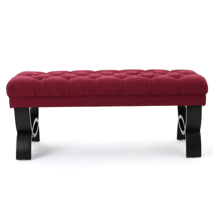 Benjara Riam Ottoman Bench, 41 Inch, Button Tufted, Rounded Wood Legs, Red