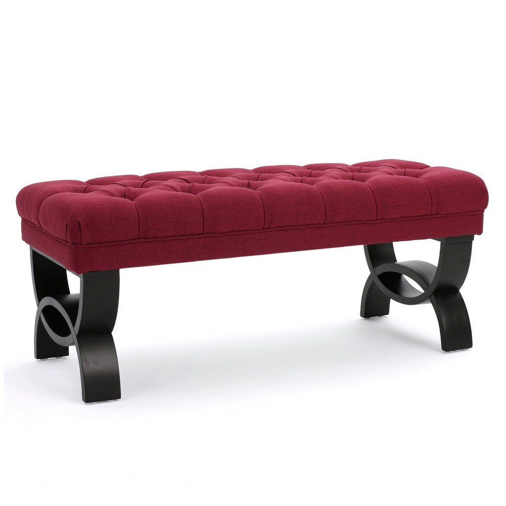 Benjara Riam Ottoman Bench, 41 Inch, Button Tufted, Rounded Wood Legs, Red
