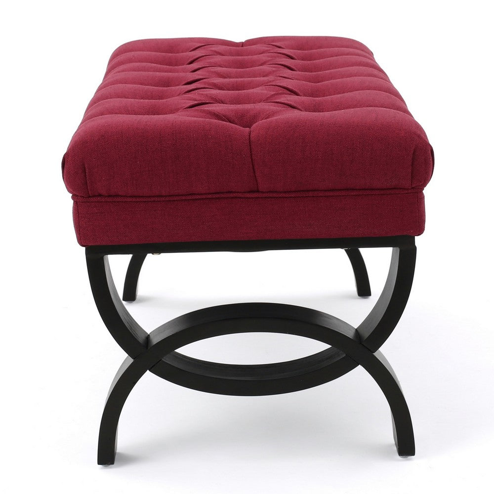 Benjara Riam Ottoman Bench, 41 Inch, Button Tufted, Rounded Wood Legs, Red